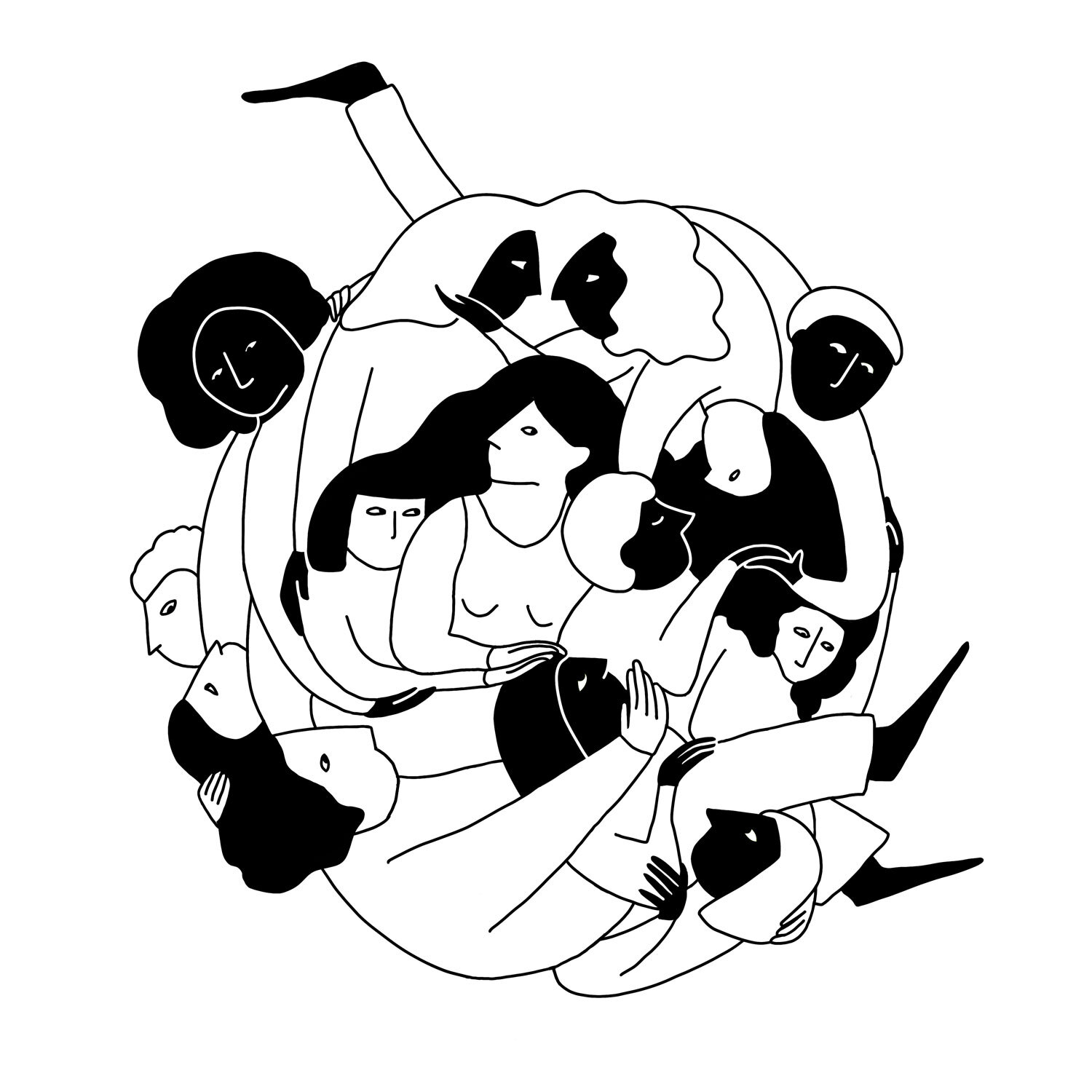 Illustration in schwarz-weiß von Flinta-Personen, die sich gegenseitig halten und so einen Knäuel an Menschen bilden.