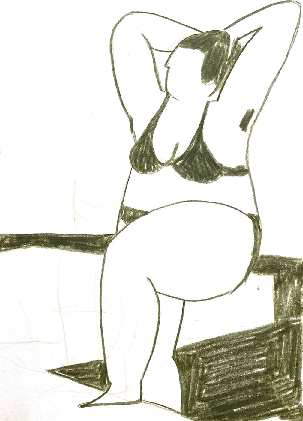 Zeichnung einer Frau, die aus dem Wasser steigt und sich mit beiden Händen in die Haare greift.