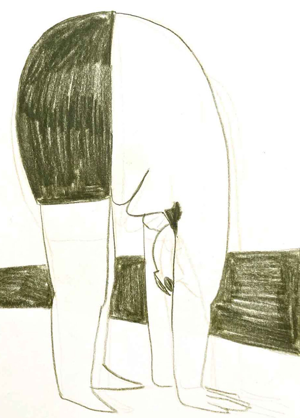 Zeichnung einer Person in Badehose, die vornübergebeugt mit den Händen den Boden berührt.