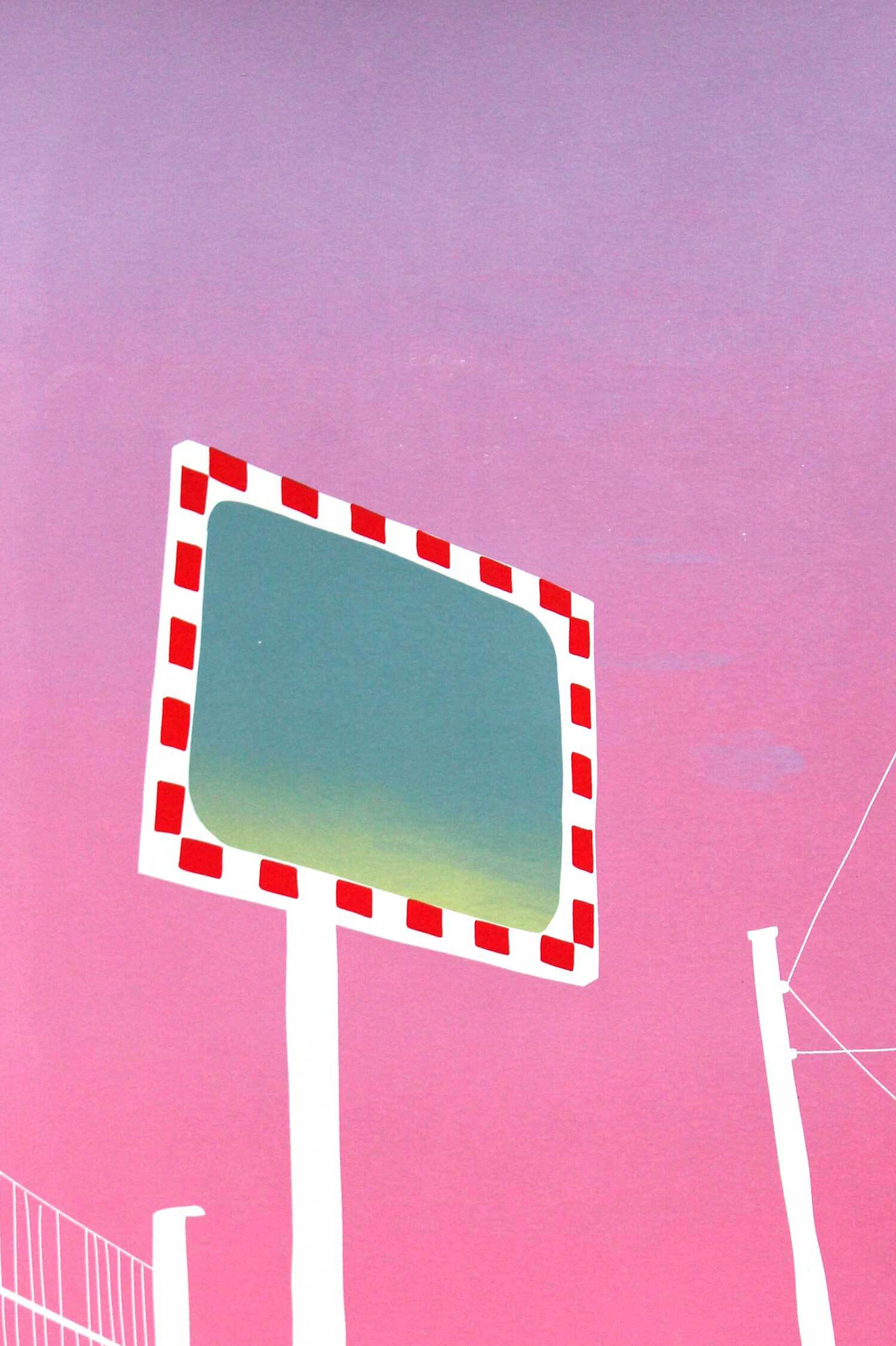 Ein Verkehrsspiegel vor rosa-lila verlaufendem Himmel. Im Spiegel spiegelt sich ein gelb-blauer Himmel.