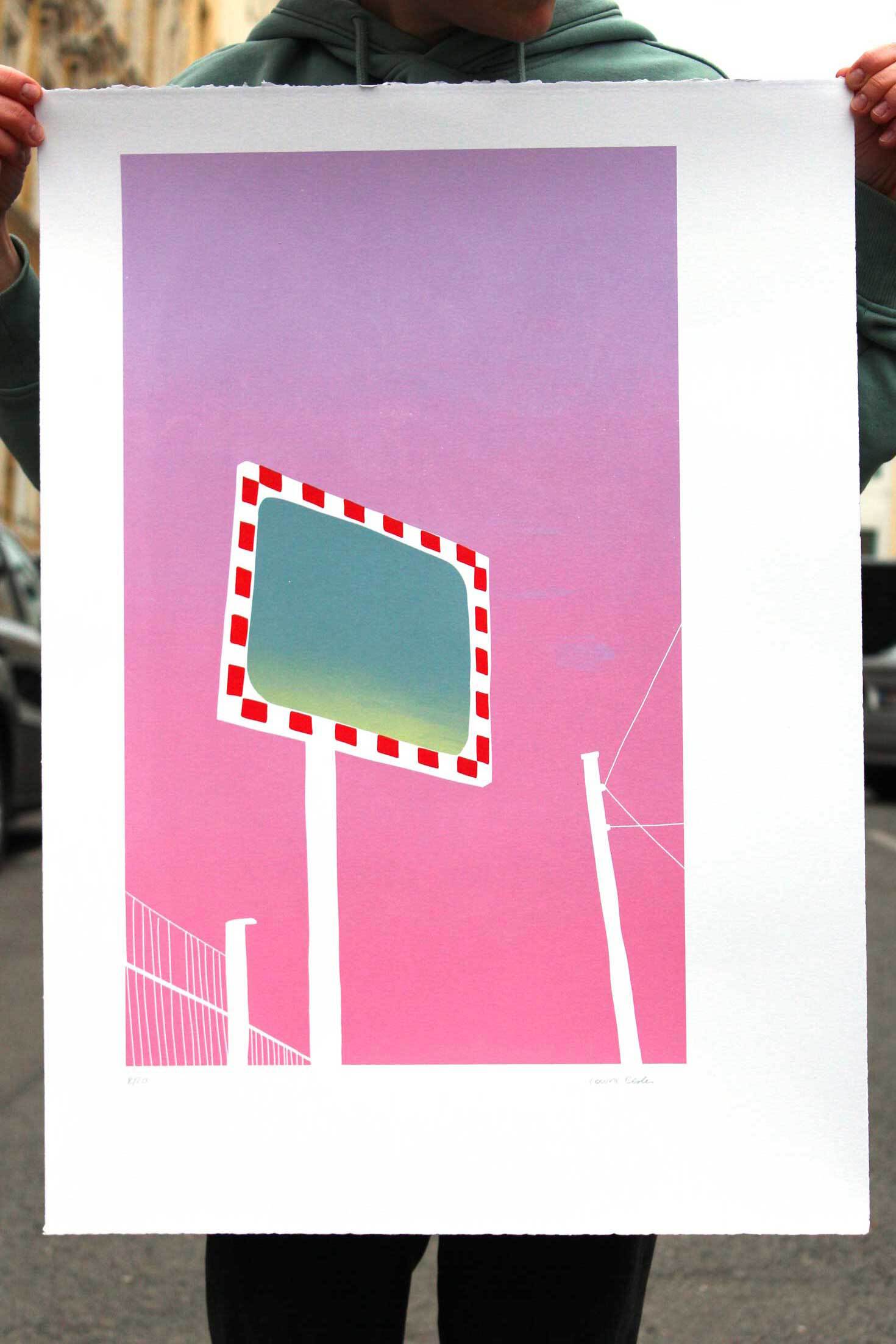 Siebdruck: ein Verkehrsspiegel vor rosa-lila verlaufendem Himmel. Im Spiegel spiegelt sich ein gelb-blauer Himmel.