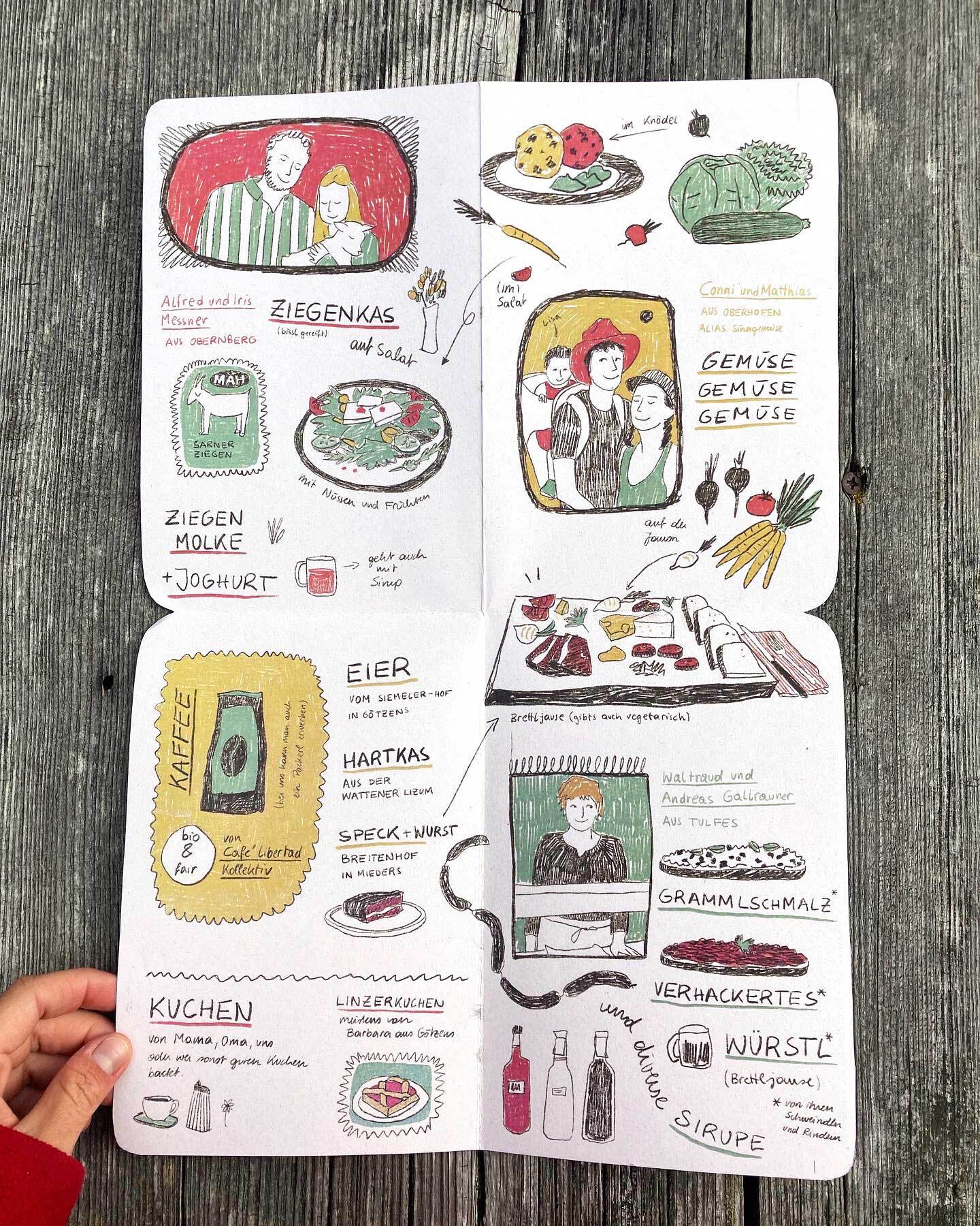 Geöffneten Speisekarte (A3) auf Holztisch. Zu sehen sind Illustrationen von Personen und Speisen mit Beschriftungen und Pfeilen. In Rot, Grün, Gelb und Dunkelbraun.