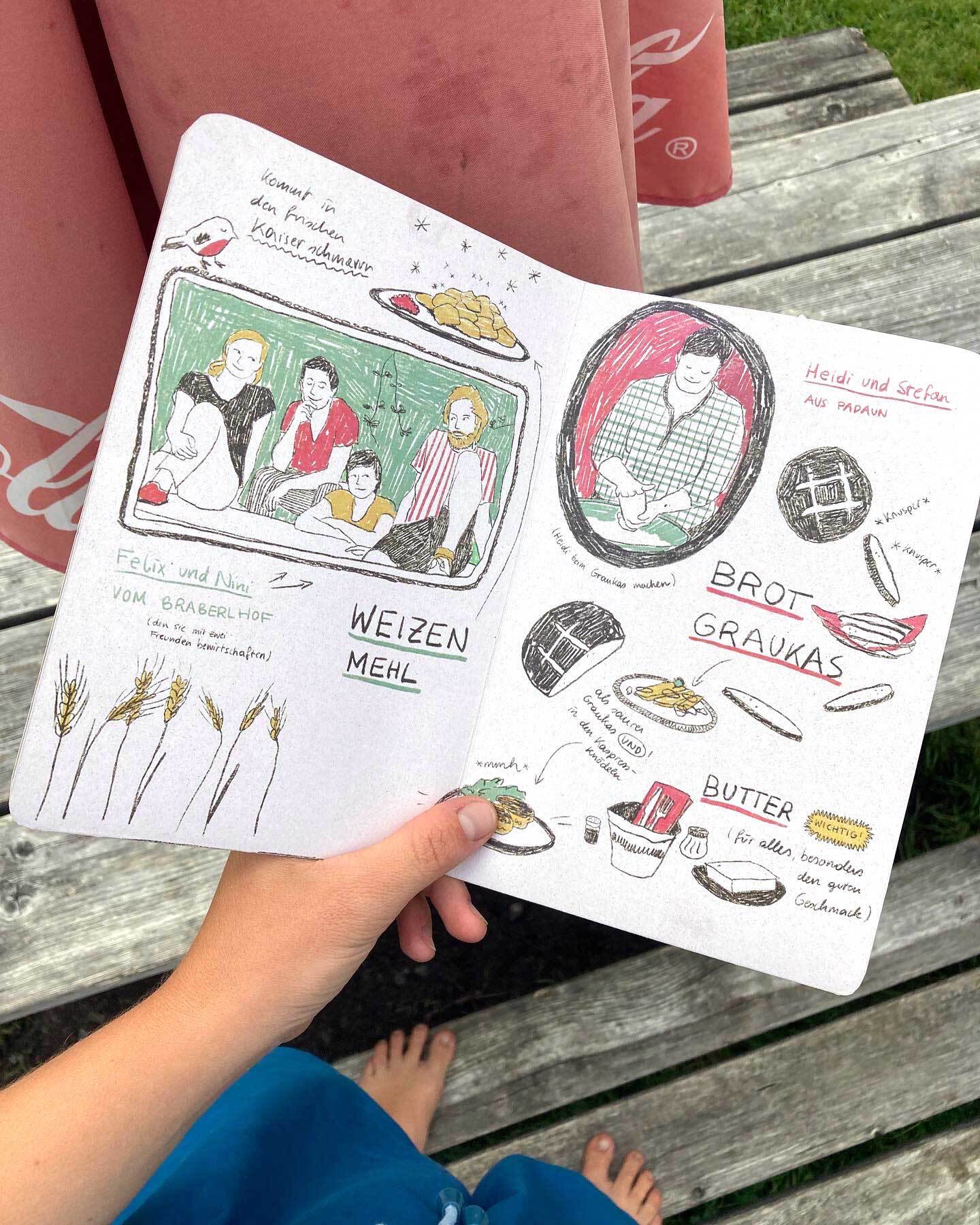 Geöffneten Speisekarte (von A5 auf A4). Zu sehen sind Illustrationen von Personen und Speisen mit Beschriftungen und Pfeilen. In Rot, Grün, Gelb und Dunkelbraun.