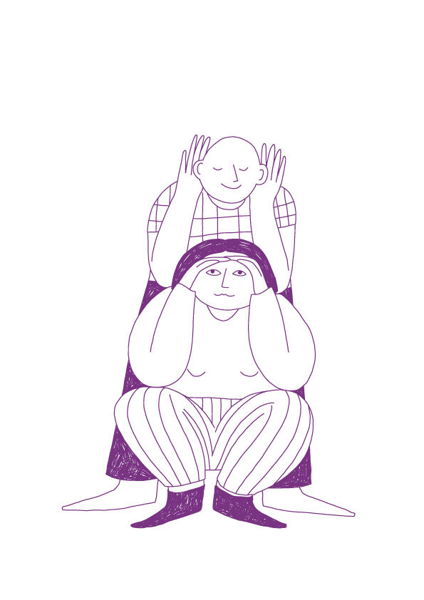 Illustration Wertschatz Kultur. Zwei Personen, die eine schirmt die Augen ab um besser zu sehen, die andere hält die Hände hinter die Ohren um besser zu hören.