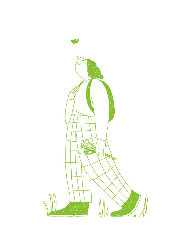 Illustration Wertschatz Natur. Person mit gepflückten Blumen in der Hand schaut einem Schmetterling nach.