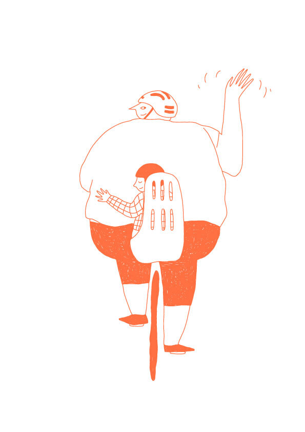 Illustration Wertschatz Zukunft. Person am Rad von hinten, Kind im Kindersitz.