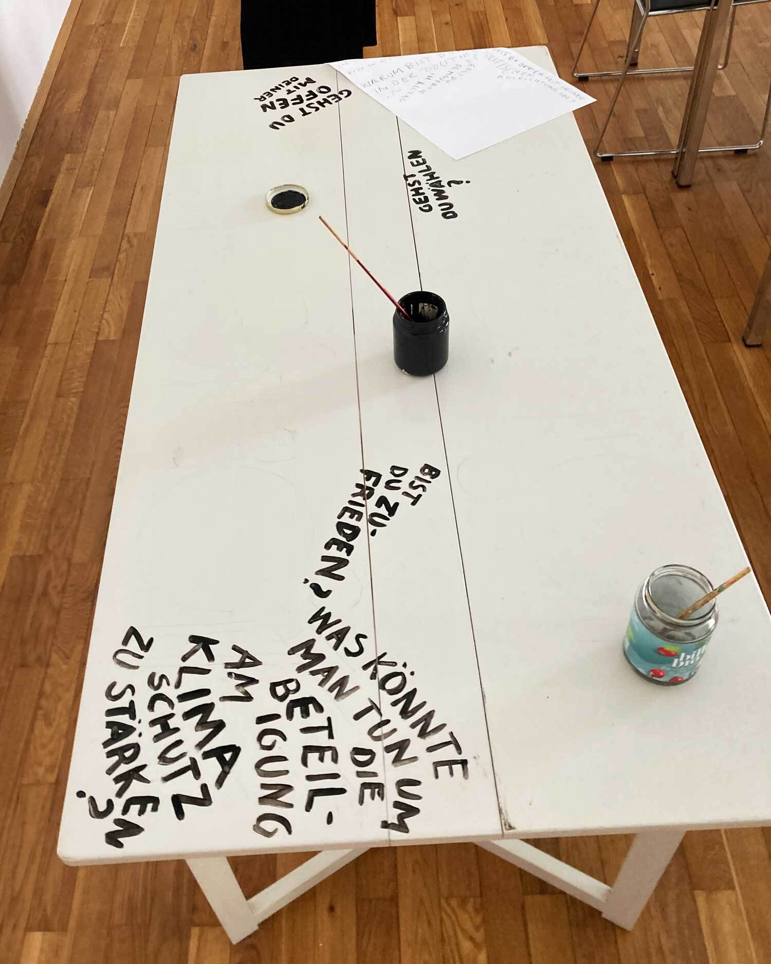 Bild von schräg oben auf den weißen Tisch. Work in Progress, zwei Gläser mit Farbe stehen auf dem Tisch. Die Frage: Was könnte man tun um die Beteiligung am Klimaschutz zu stärken? ist zu lesen.
