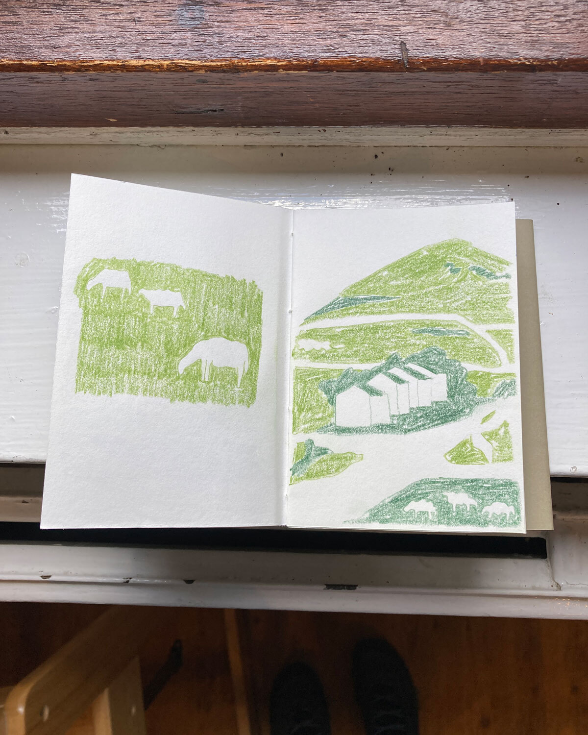 Skizzenbuch. Mit Buntstiften gezeichnete Schafe und Wiesen