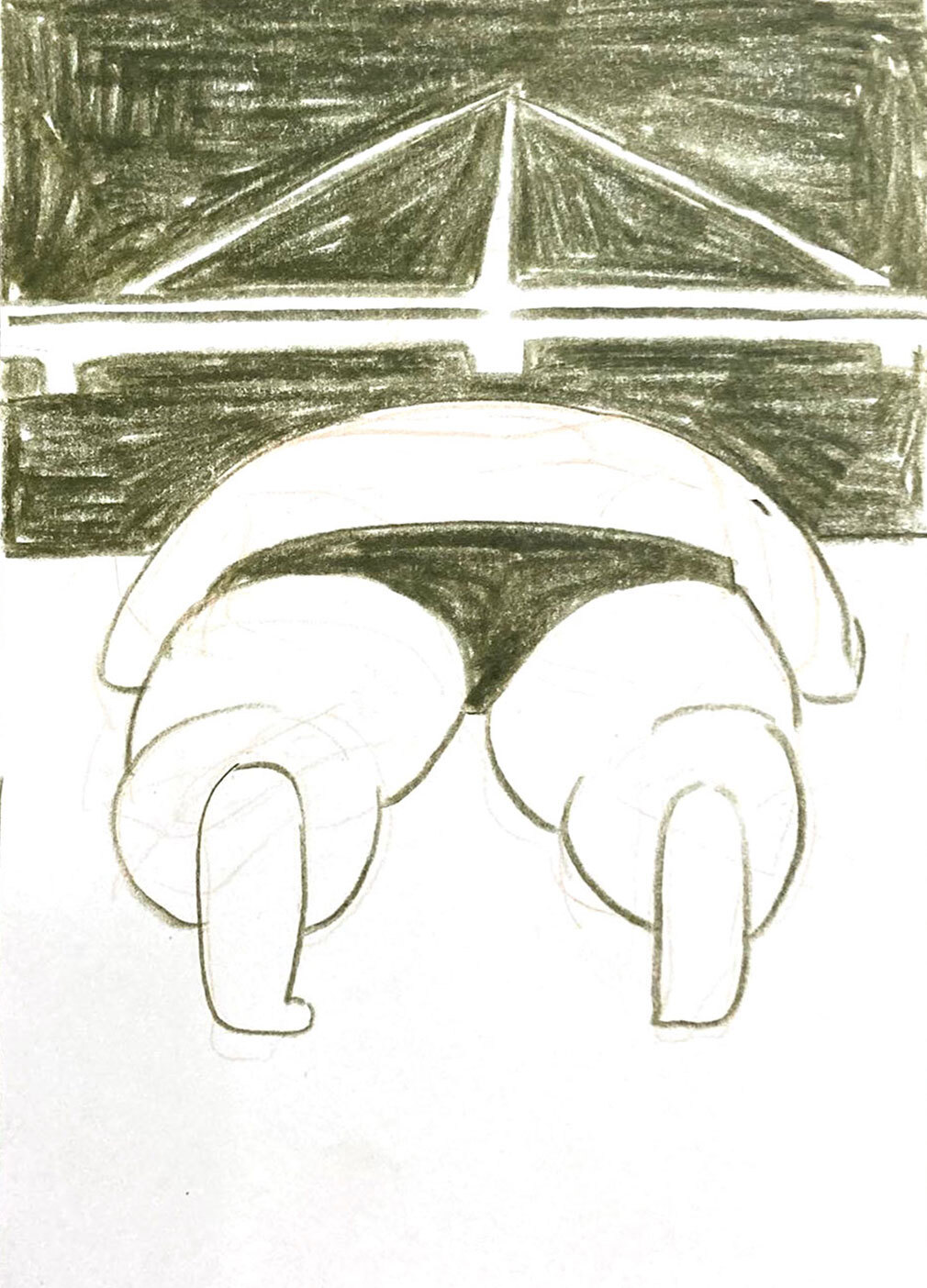 Zeichnung einer liegenden Person von hinten. Im Hintergrund ist eine Brücke.