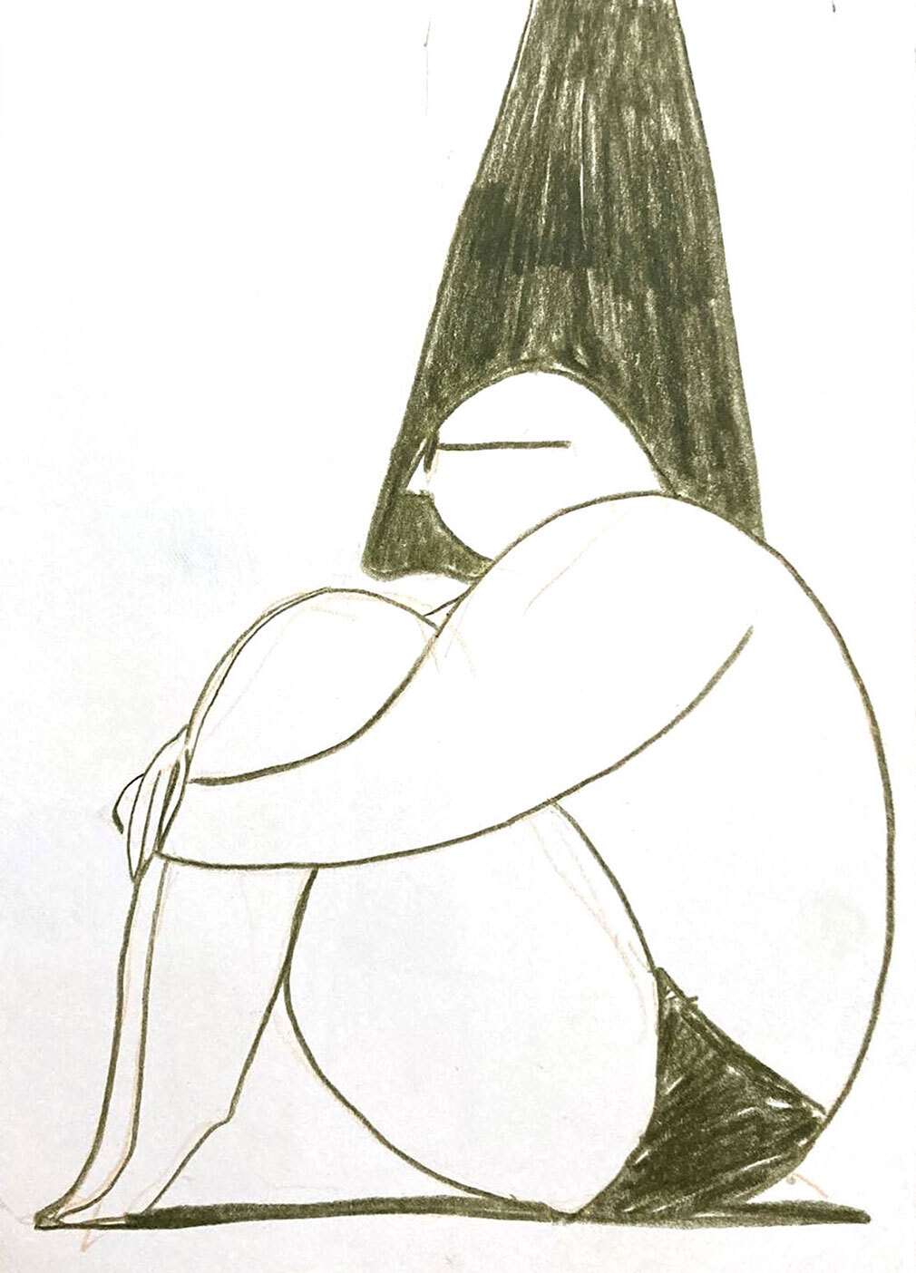 Zeichnung einer Person, die mit angezogenen Beinen in Badehose am Boden sitzt. Daneben ist ein zusammengeklappter Sonnenschirm.