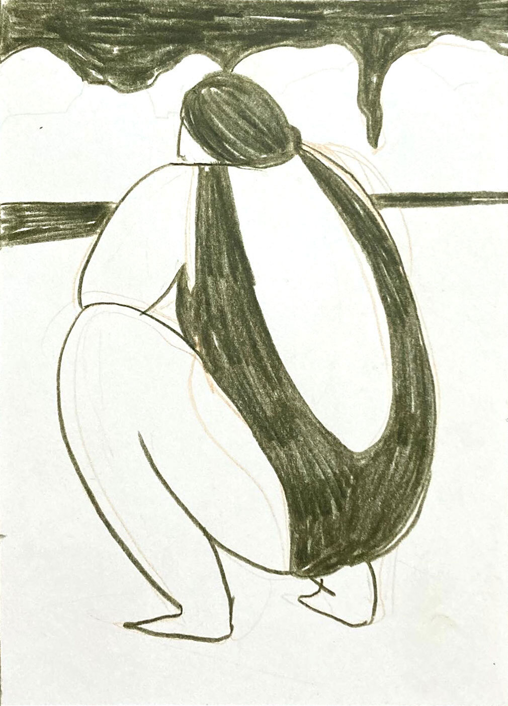 Zeichnung einer Person in Badeanzug, die in der Hocke sitzt und auf Wasser und Bäume schaut.