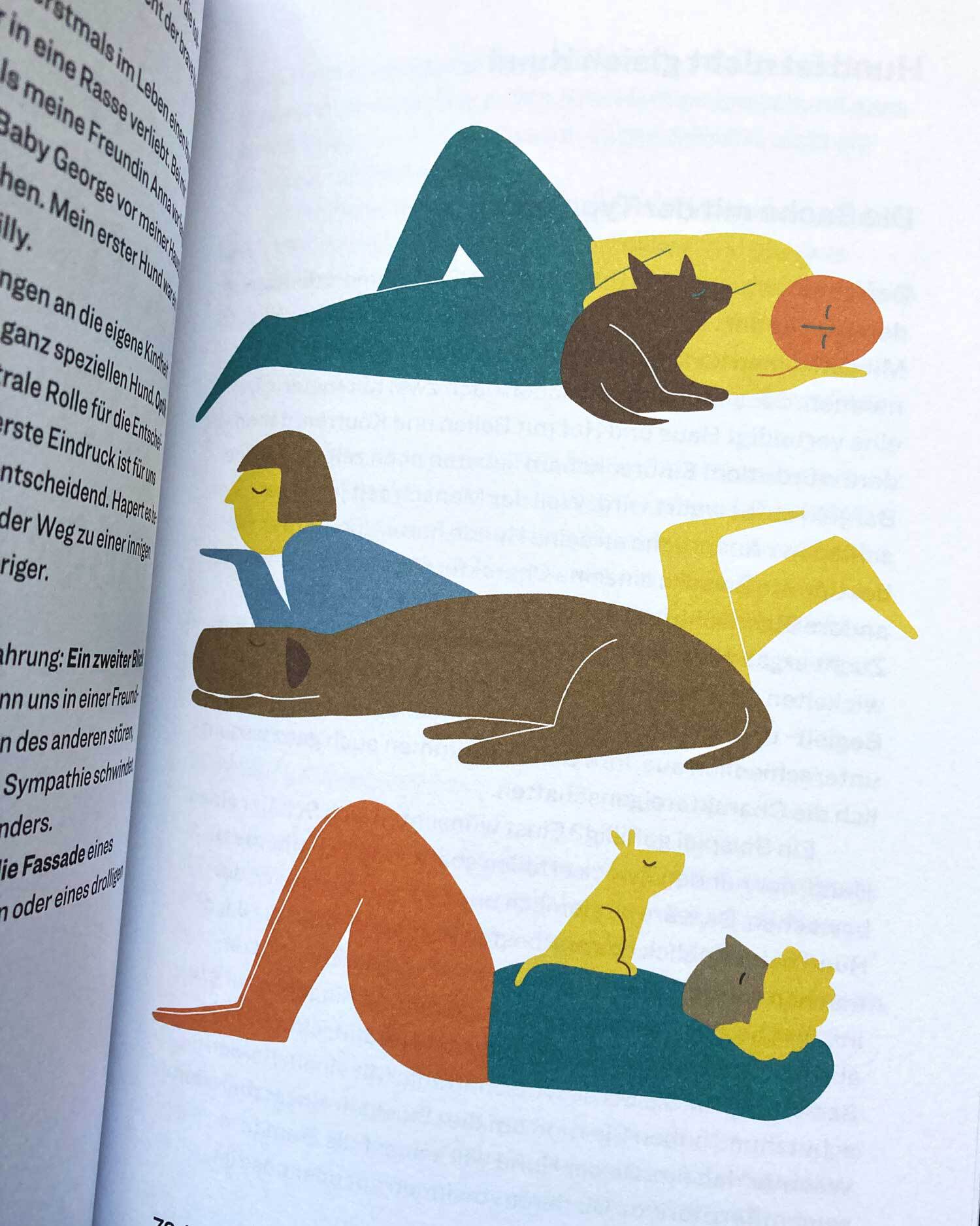 Illustration von drei Hundebesitzer:innen, die am Boden mit ihren Tieren liegen.