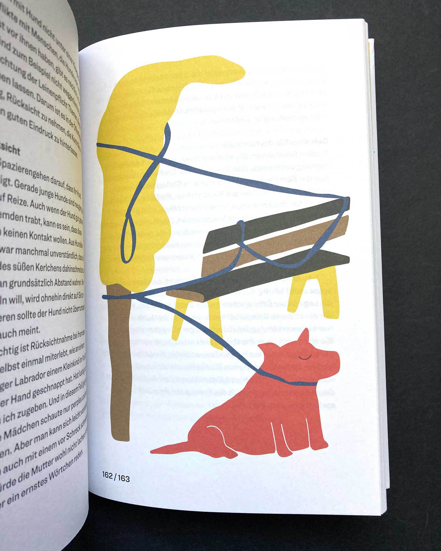 Illustration eines Hundes, der sich mit der Leine in Baum und Parkbank verheddert.